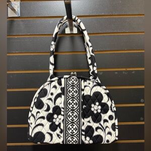 Vera Bradley Quilted Cotton Handbag Black White Floral Kiss Lock Tote